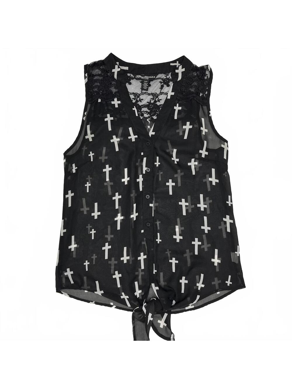 2010s Streetwear Society Cross Design Sheer Blouse Lace Panels S Grunge Goth